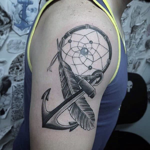Mens Anchor And Feather Upper Arm Dreamcatcher Tattoo Inspiration
