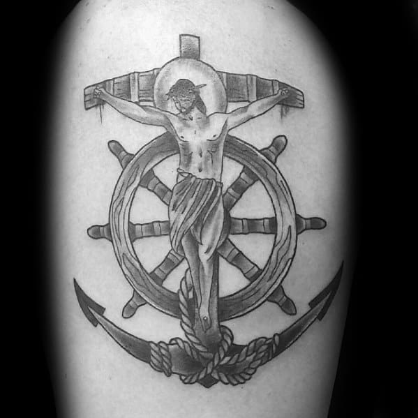 Mens Anchor Cross Old School Traditional Tattoo On Upper Arm
