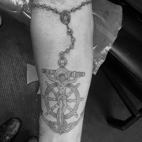 Mens Anchor Cross With Rosary Beads Inner Forearm Tattoo