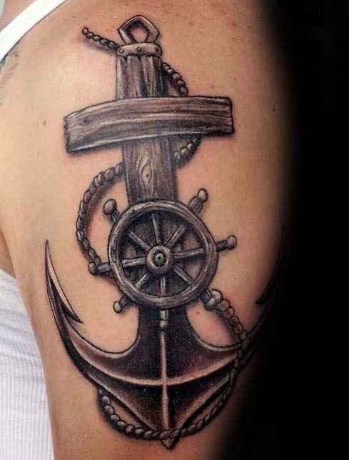 Mens Anchor With Wood Cross Arm Tattoo Designs