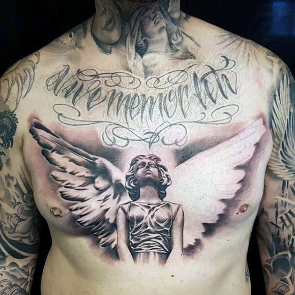 praying angel chest tattoo