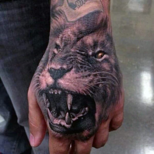 Mens Angry Lion 3d Hand Tattoo