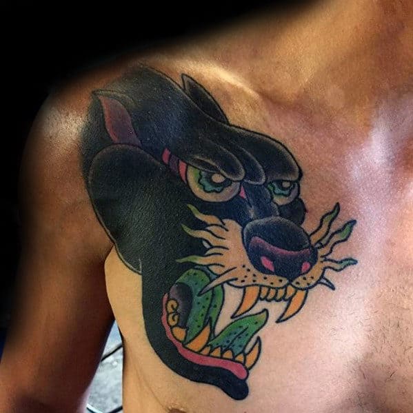 Mens Angry Panther Traditional Shoulder And Chest Tattoo Designs