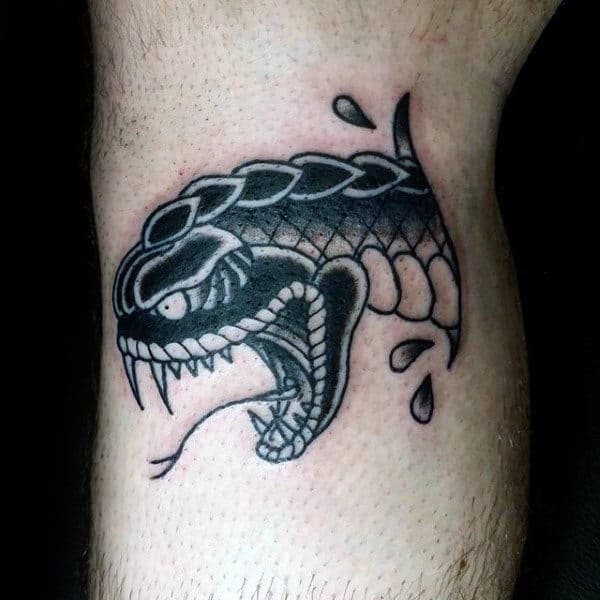 Mens Angry Snake Head Traditional Leg Calf Tattoos