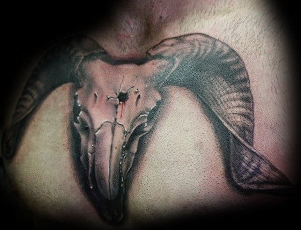 Mens Animal Skull With Bullet Hole Chest Tattoo