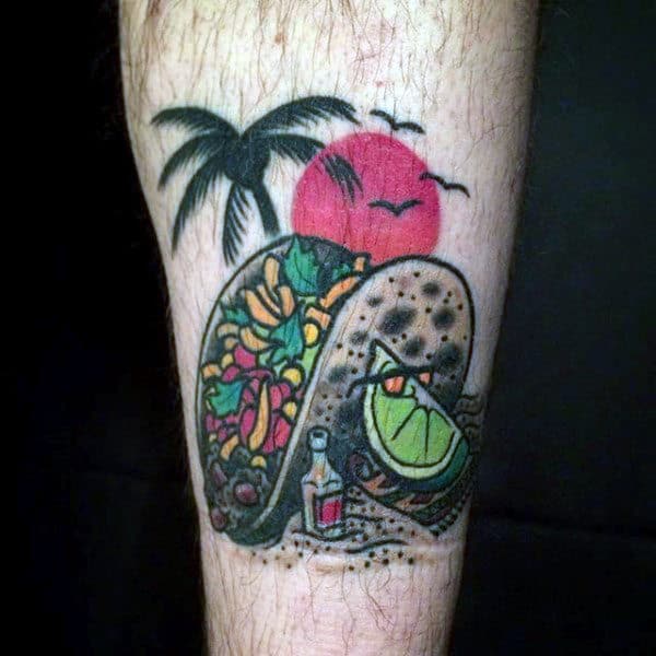 Mens Ankles Palm Tree And Tacos Food Tattoo Design Idea Inspiration