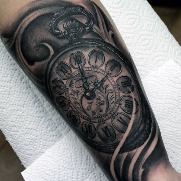 Mens Antique Pocket Watch Tattoo On Forearms
