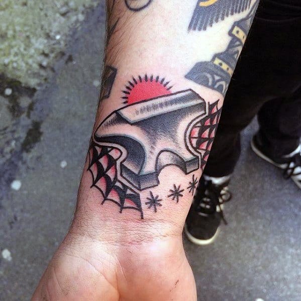Mens Anvil Traditional Wrist Tattoo Design Inspiration