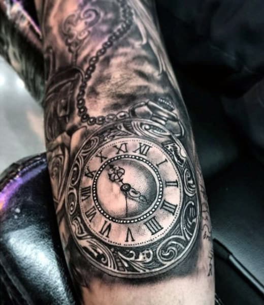 Mens Archaic Pocket Watch Tattoo With Pearls Forearms