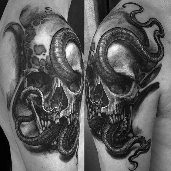 Mens Arm And Shoulder Octopus Skull Tattoo Design Inspiration