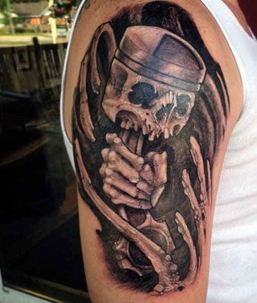 Men's Arm Car Tattoo With Skeleton Holding Piston