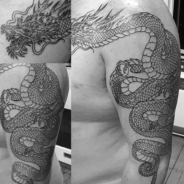 Mens Arm Chinese Dragon Black Ink Outline Tattoo