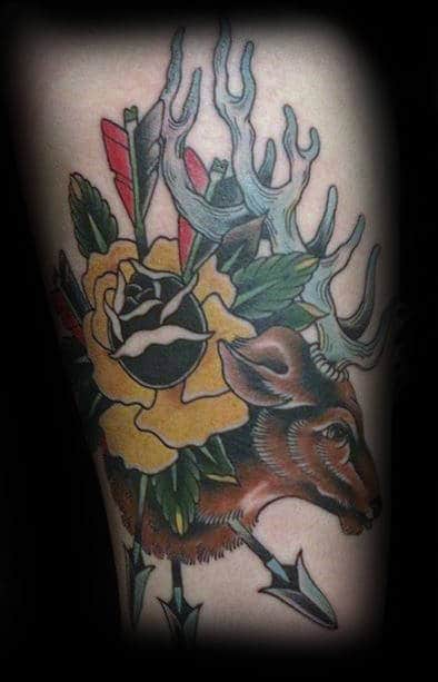 Mens Arm Deer With Yellow Rose Flower Traditional Tattoo Ideas