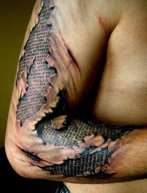 Mens Arm Ripped Skin Quote Tattoo Design Ideas