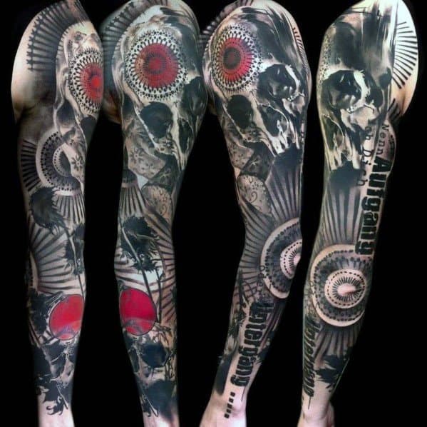 Mens Arm Sleeve Red And Black Tattoo Design Inspiration