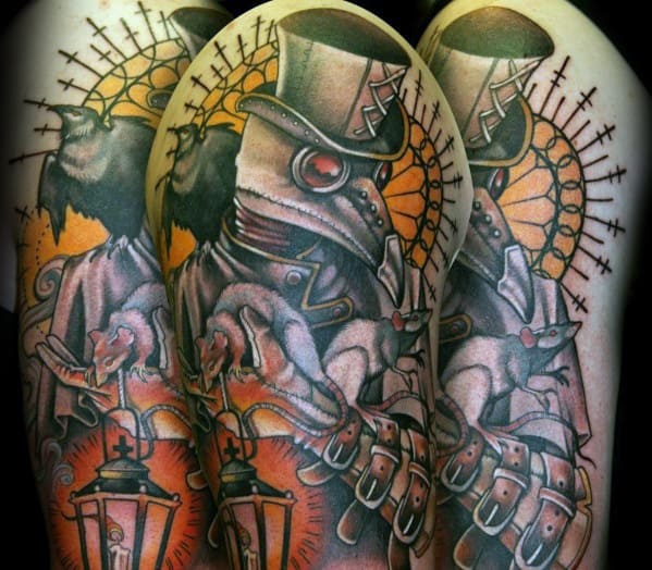 Mens Arm Tattoo Plague Doctor With Lantern Design