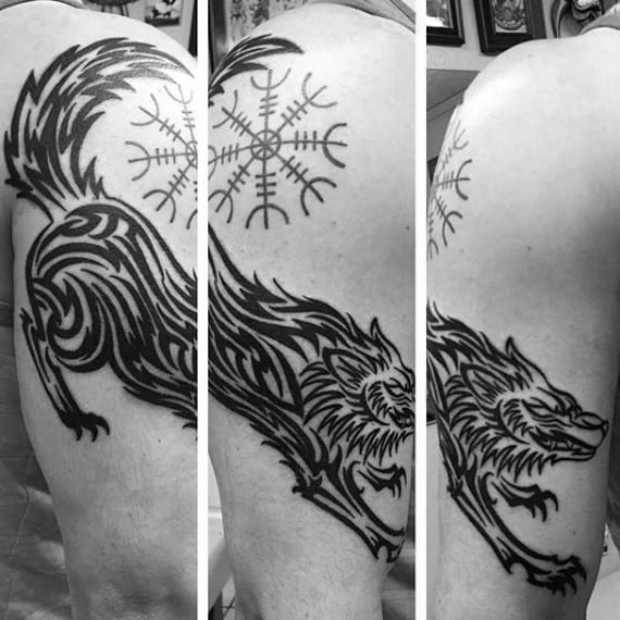 Mens Arm Tribal Wolf Tattoo Design With Rune Symbol
