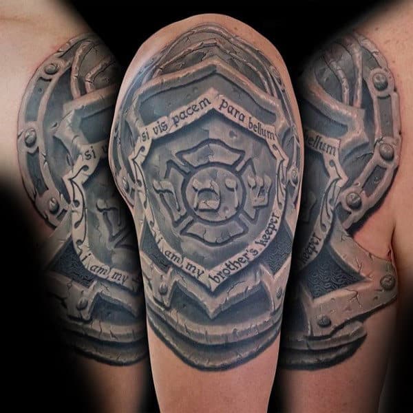 Mens Armor Stone Half Sleeve Tattoo Ideas
