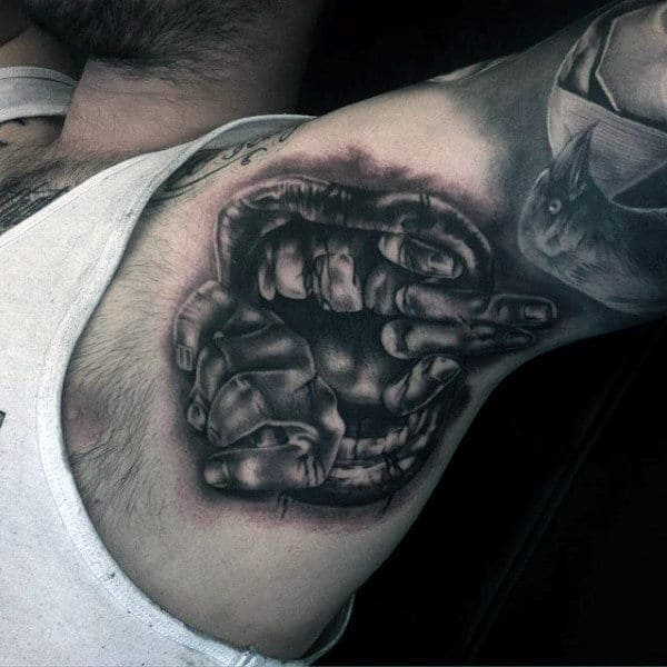 Mens Armpits Grey Hands Opening Mouth Tattoo