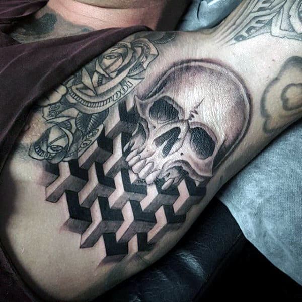 Mens Armpits Skull 3D Shape And Rose Tattoo Designs