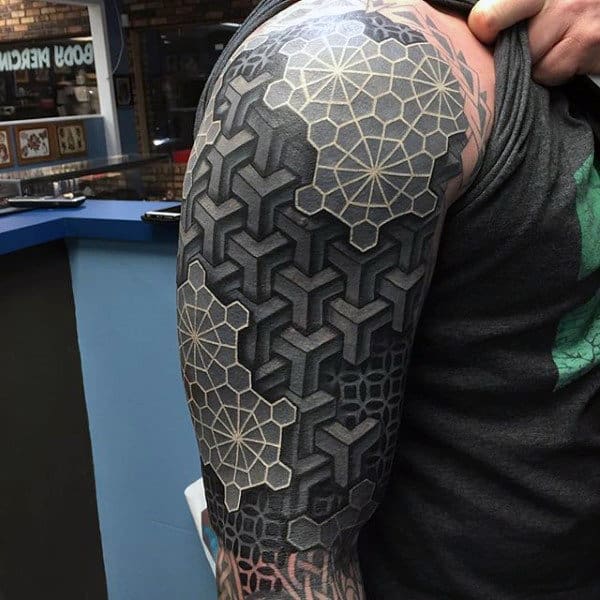 Mens Arms Black And White 3D Blocks Tattoo