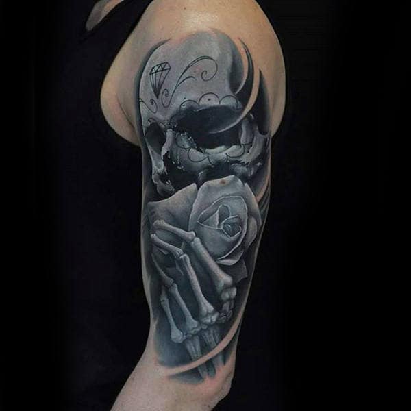 Mens Arms Black And White Skull With Rose Tattoo