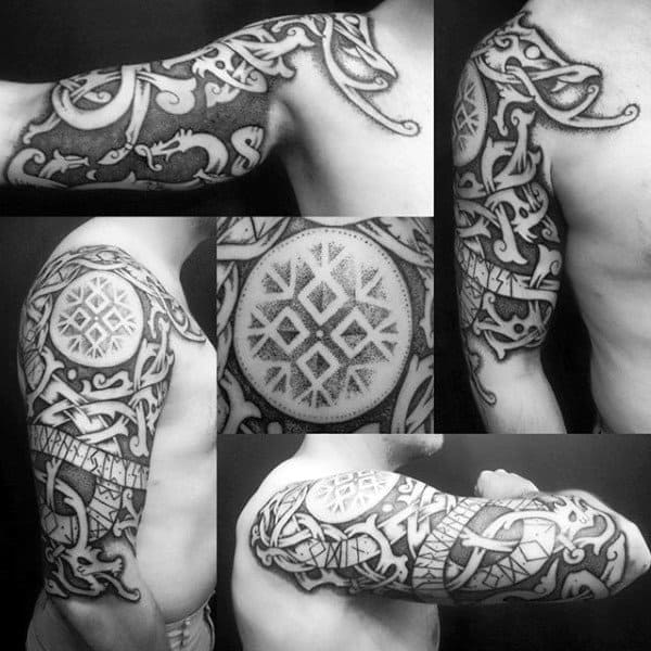 Cool Black Ink Valknut Borromean Rings Male Tattoo On Upper Chest