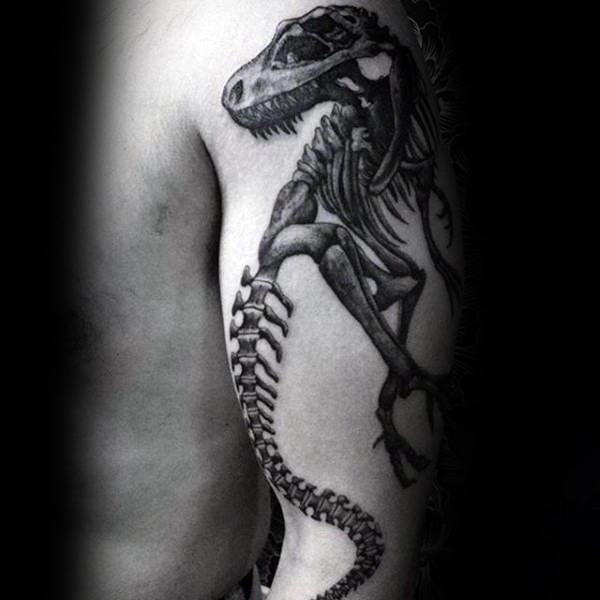 Left Half Sleeve Grey Ink Dinosaur Tattoo