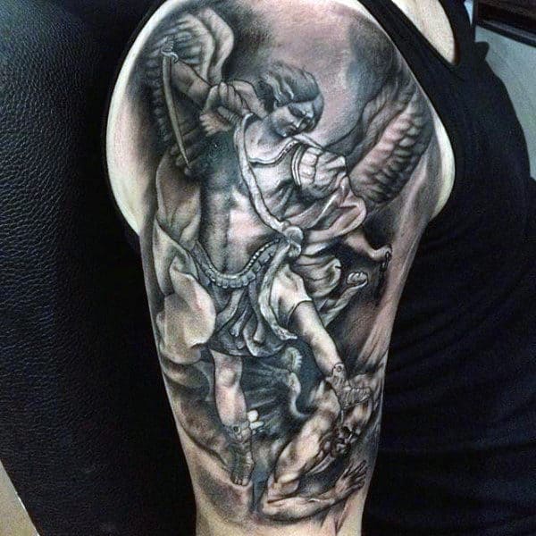 Mens Arms Guardian Angel Crushing Satan Tattoo