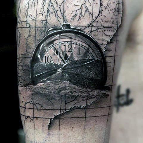 Mens Arms Realistic Clock Over A Map Tattoo