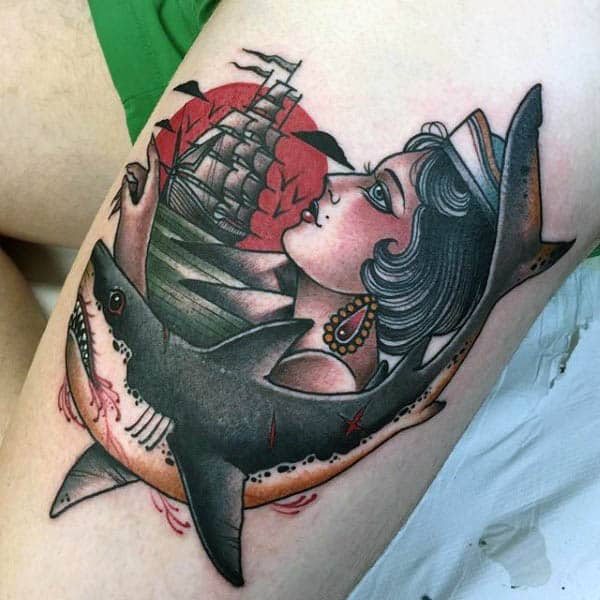 Mens Arms Ship Shark And Lady Neo Traditional Tattoo