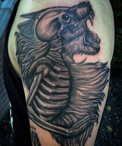 Mens Arms Skeleton And Werewolf Tattoo