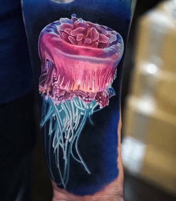 Mens Arms Squiggly Pink And Blue Jellyfish Tattoo