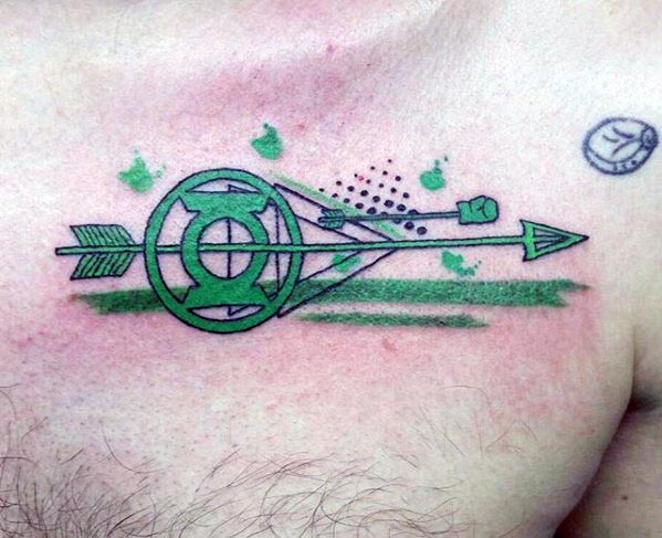 Mens Artistic Green Lantern Arrow Tattoo On Upper Chest