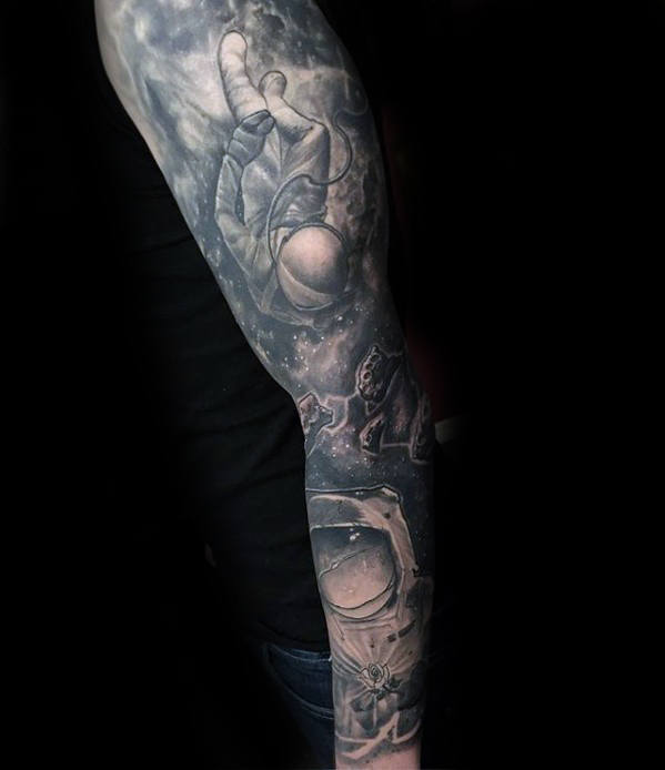 Mens Astronaut Outer Space Themed Full Sleeve Shaded Sweet Tattoo Ideas