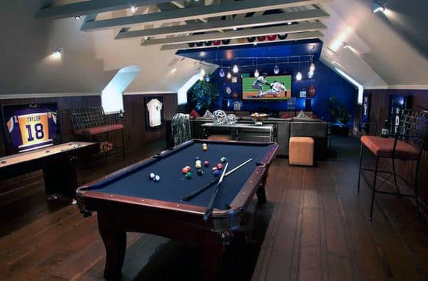 Mens Attic Man Cave Game Room With Lounge And Pool Table