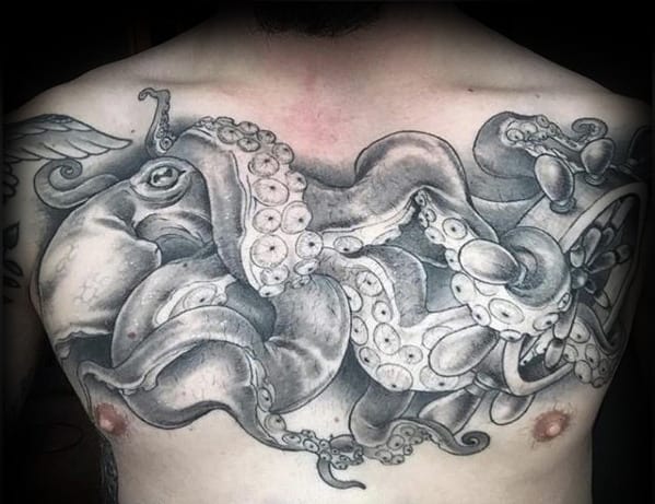 Mens Awesome Octopus Ship Wheel Black And Grey Chest Tattoo