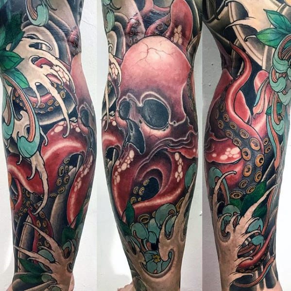 Mens Awesome Skull With Octopus Japanese Leg Sleeve Tattoo