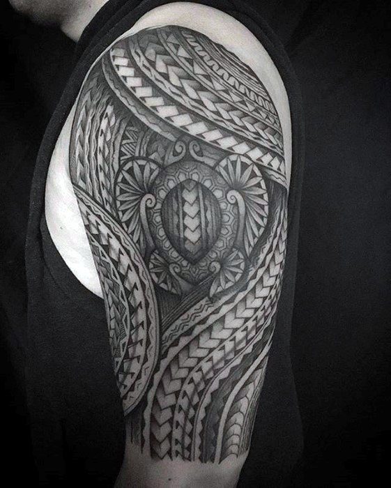 Mens Awesome Tribal Tattoo Half Sleeve With Turtle Design