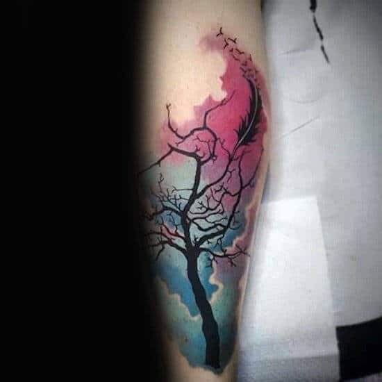 Mens Awesome Watercolor Tree Tattoo Forearms