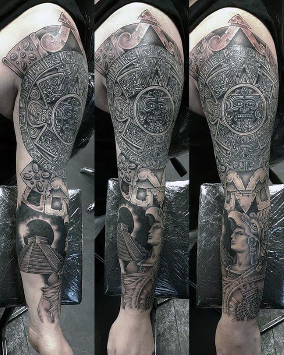 Mens Aztec Stone 3d Tattoo Cover Up Sleeve