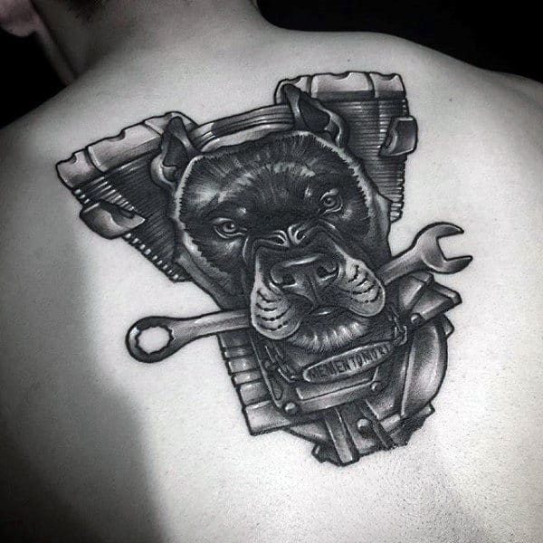 Mens Back Beast Faced Engine Tattoo With Wrench