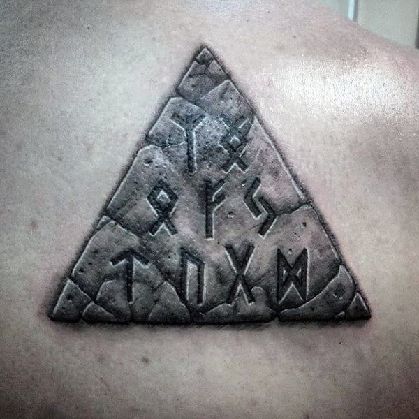 Mens Back Black And White Greek Symbols On Triangular Block Tattoo