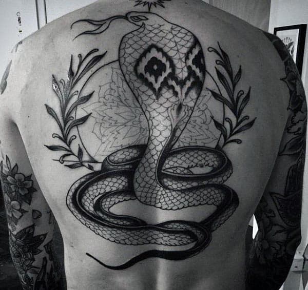 Mens Back Black Ink Cobra With Olive Branches Tattoo