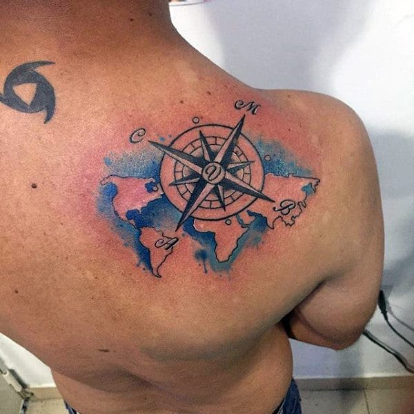 Mens Back Compass Watercolor Tattoo