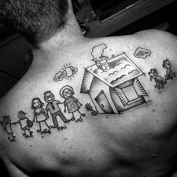 Mens Back Drawing Cartoon Family Tattoo