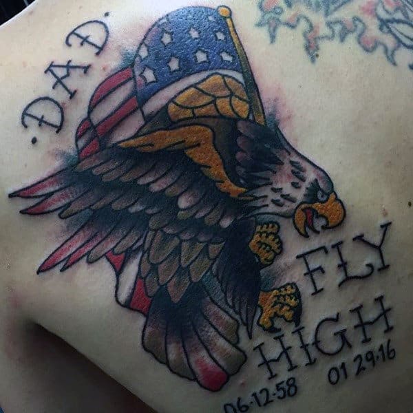 Mens Back Eagle And Dad Tattoo