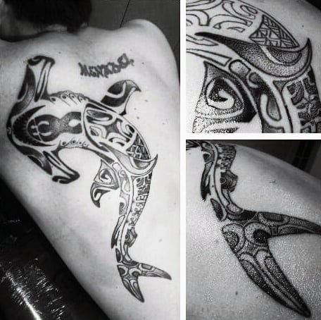 Mens Back Hammerhead Shark Tribal Tattoos