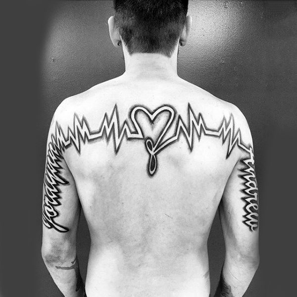 Mens Back Heartbeat With Ribboned Heart Tattoo