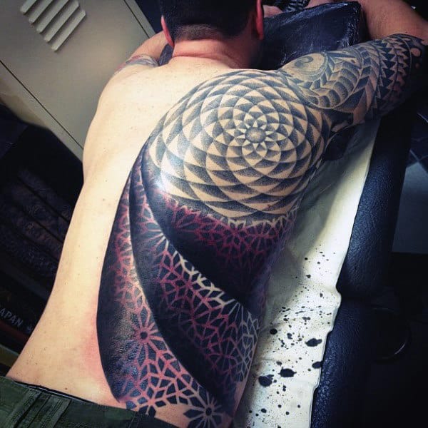 Mens Back Interesting Tattoo Of Optical Illusion